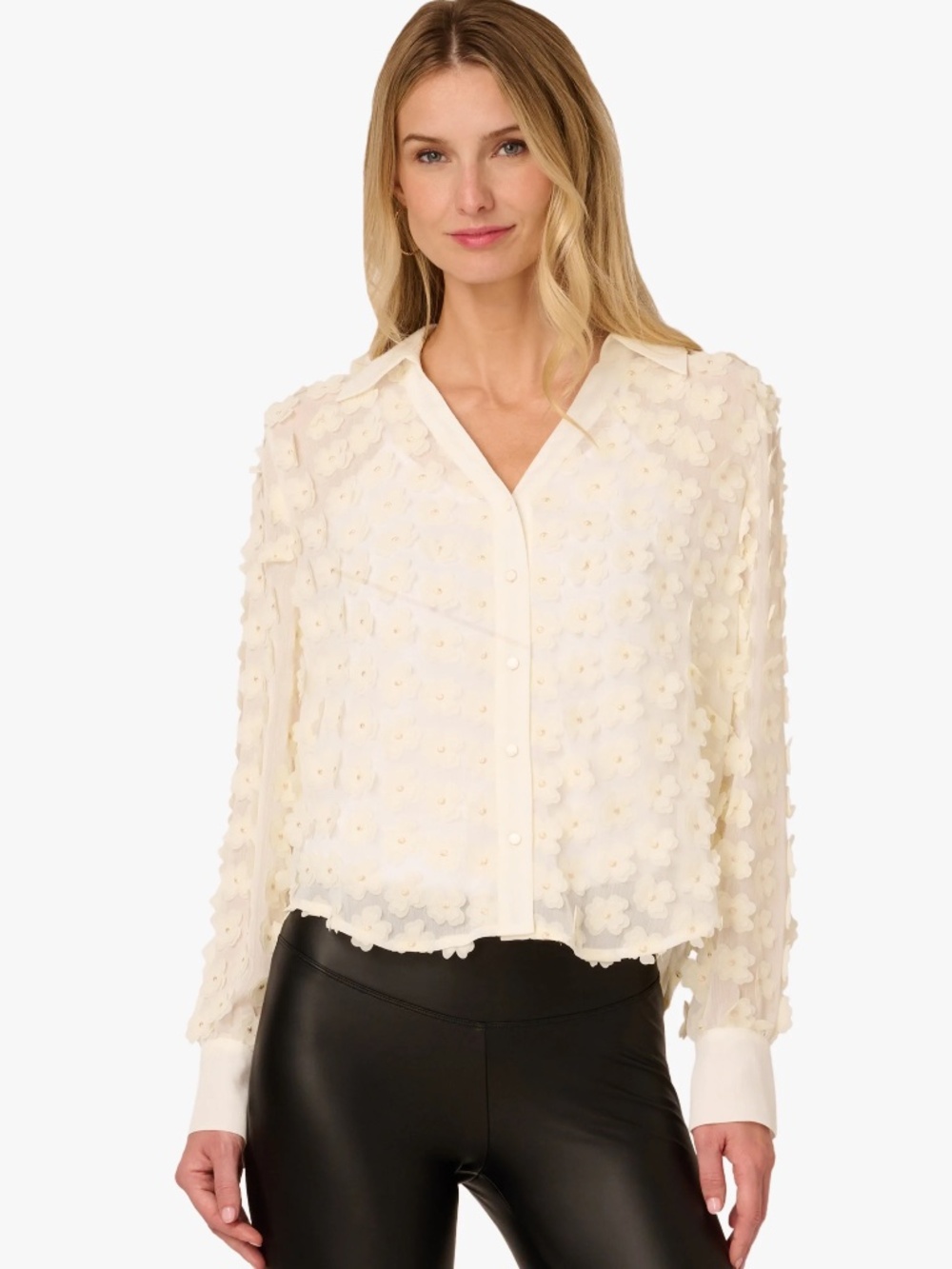 NWT ADRIANNA PAPELL 3D Floral Appliqué Button Down Blouse - Ivory